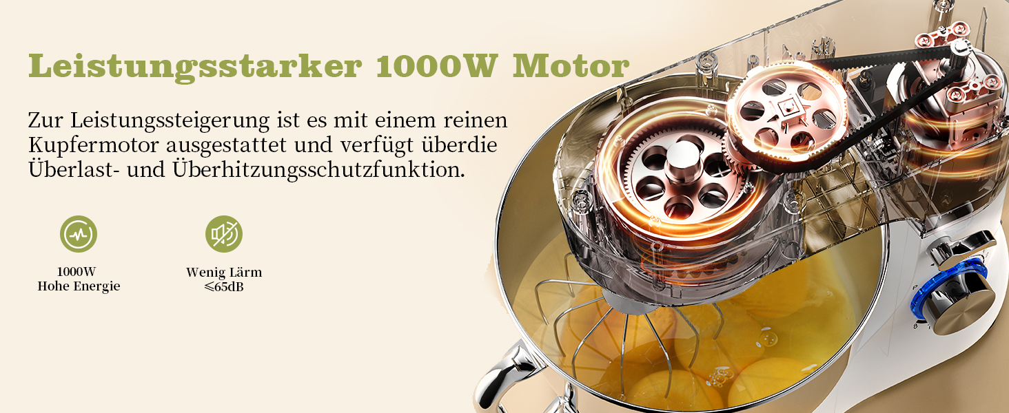 Кухонна машина Zuccie з тихою роботою, місткістю 5л, з нержавіючою чашею, 3 насадки, сплітц-захист, скребок для тіста та роздільник яєць, 8+ швидкостей.