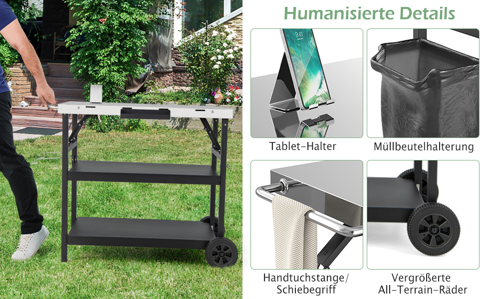 Стіл-гриль COSTWAY з 3 полицями, регульована полиця, підставка для телефону, стійка для спецій, гачок, відкритий візок