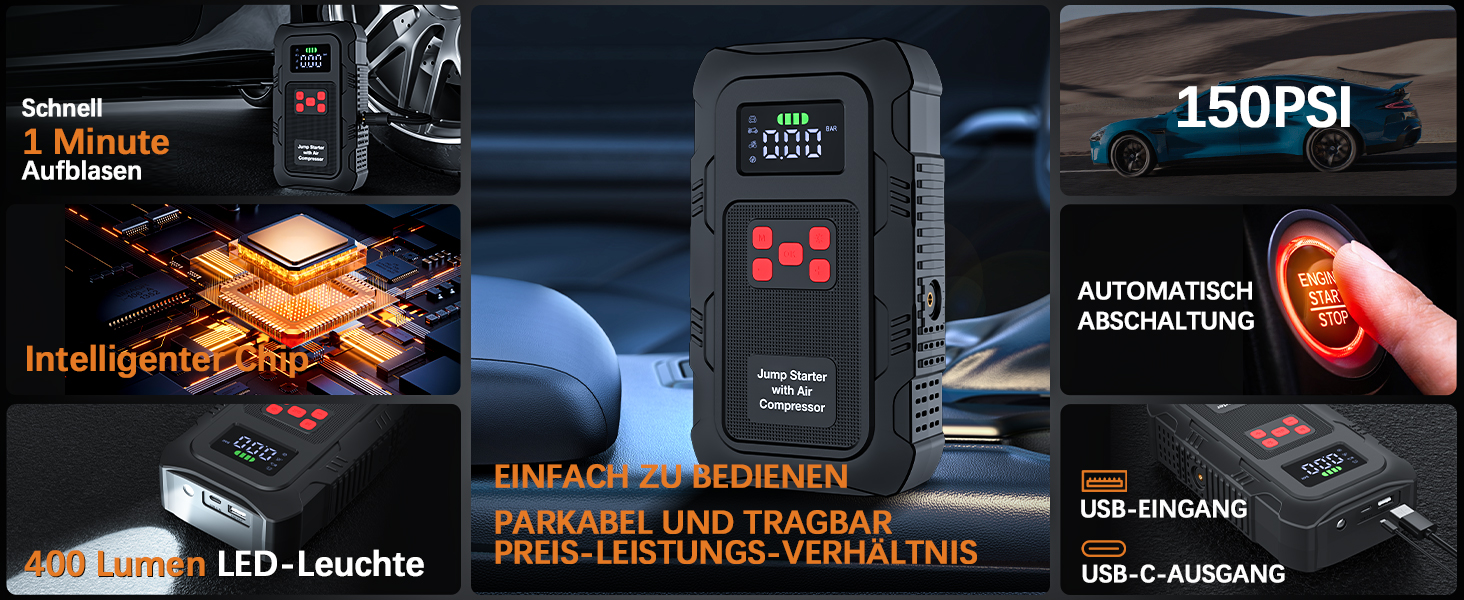 Бустер для авто Povasee Starthilfe Powerbank 5000A: пусковий пристрій для бензинових та дизельних двигунів (до 10л), 12V, з LCD-дисплеєм, 2 USB-портами та LED-ліхтарем, чорний