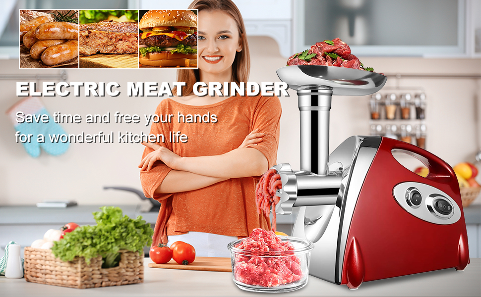 Електрична м'ясорубка та машинка для ковбас 2800 Вт з реверсом, 3 диски, набір для ковбасок і куббе (червона)