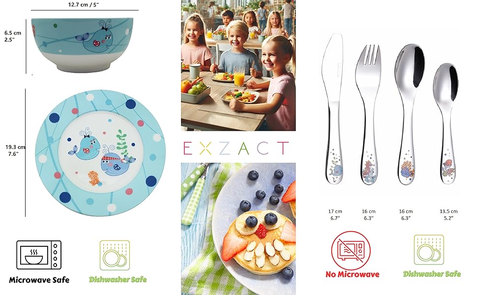 Набір дитячого посуду Exzact з нержавіючої сталі (6 шт.) - миска, тарілка, ніж, виделка, ложка для чаю, столова ложка - подарункова коробка