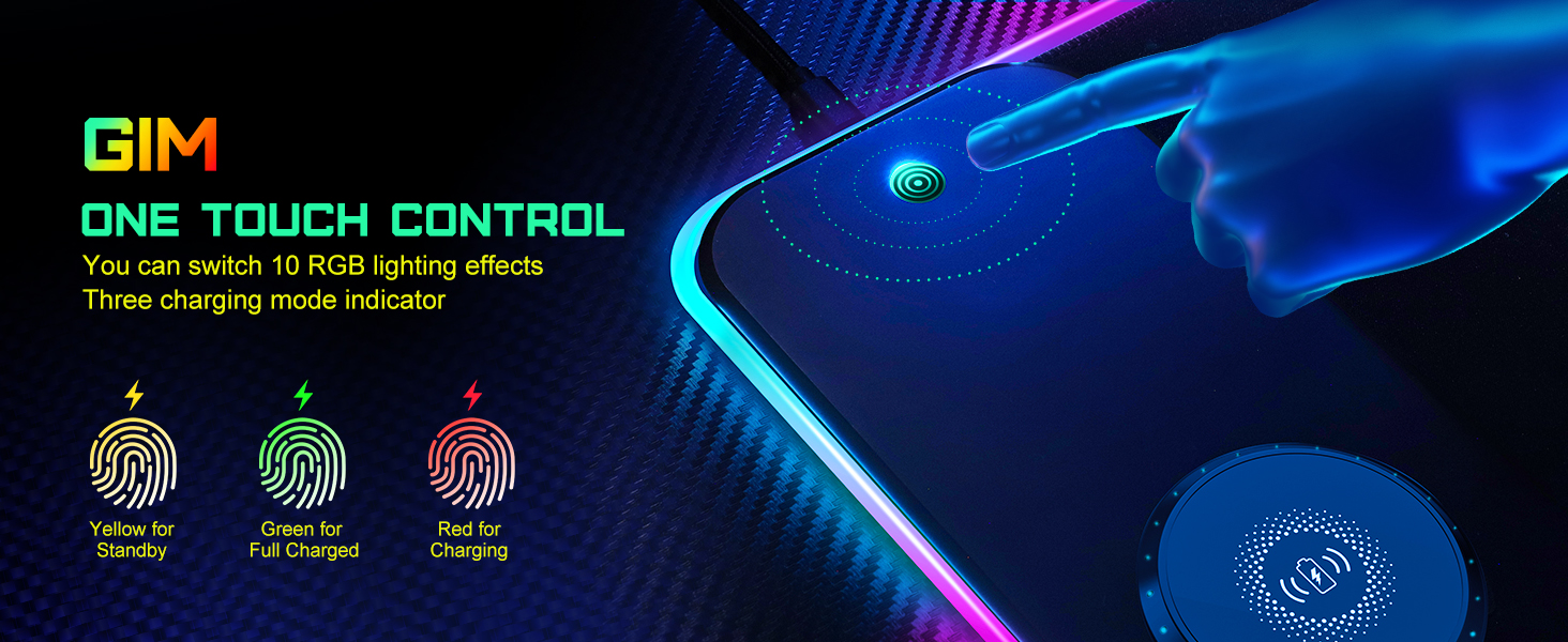 Ігрова килимок для миші RGB з бездротовою зарядкою Qi 15W, LED-підсвічування, 10 режимів, вологостійкий, протиковзкий, для геймінгу, офісу та дому (Чорний)