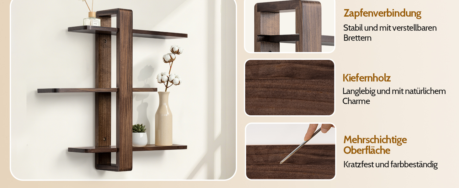 Полиця настінна SUMGAR з дерева, плаваючі полиці, 3-ярусна, декоративна, для вітальні, спальні, колір горіх, 50x58 см