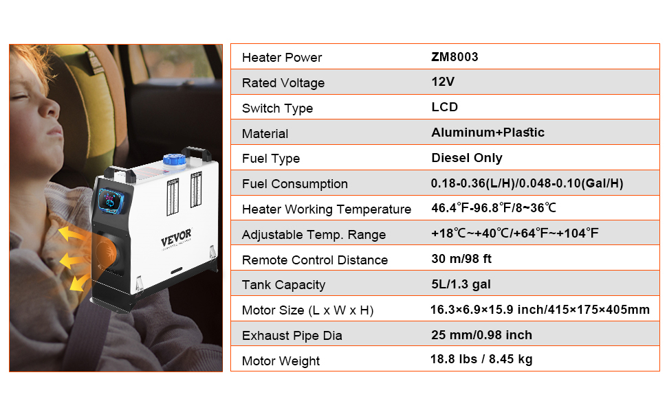 VEVOR 12V дизельний опалювач 8KW - авто опалення, повітряний опалювач для авто, RV, човнів, вантажівок, будинків на колесах, автобусів з червоним LCD-вимикачем та 1 виходом для повітря