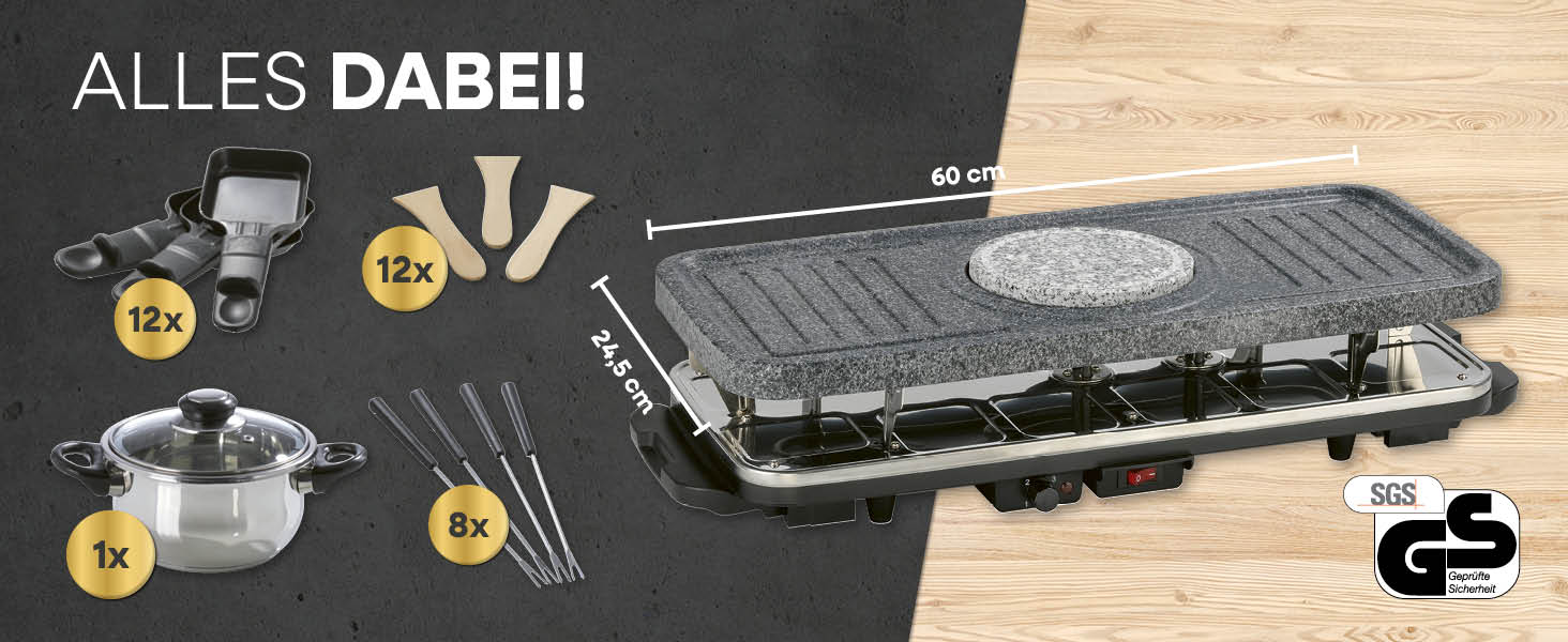 GOURMETmaxx Ракуетка 2-в-1 з Фондю | Набір ракуетки на 8 осіб – ідеальний гриль для вечірок | Ракуетка-фондю комбінація з 8 сковородами, лопатками та виделкою для фондю | Набір ракуетки з фондю на 8 осіб (Ракуетка & Фондю комбі XXL на 12 осіб)