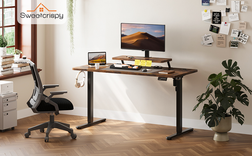 Регульований стіл Sweetcrispy з підставкою для монітора, 120 x 60 см. Електричний, ергономічний стіл для стоячи/сидячи, комп'ютерний стіл, вінтажний коричневий, 120 x 60 см