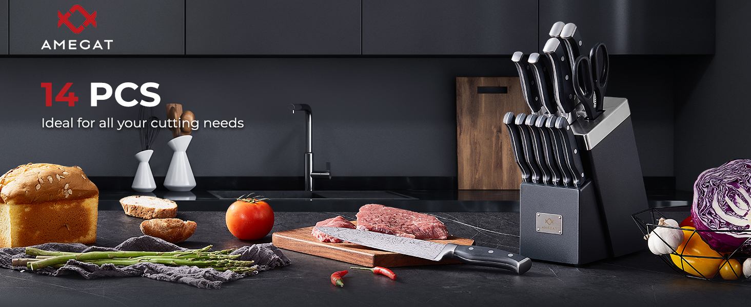 Набір ножів Amegat 14 предметів: кухонний набір з самозаточуванням, нержавіюча сталь, з ергономічними ручками