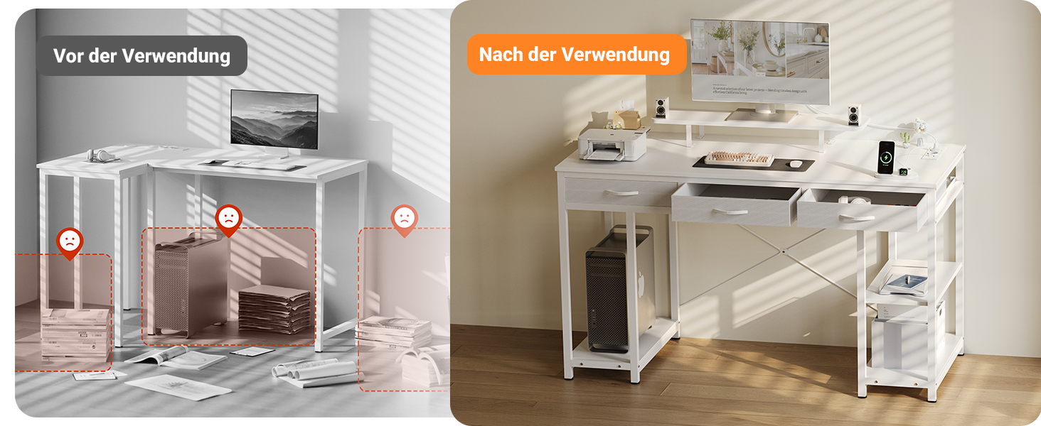 Комп'ютерний стіл Claiks з 3 шухлядами, 120 x 60 см, з полицею, 2 розетки та 2 USB-порти, для офісу та дому, білий