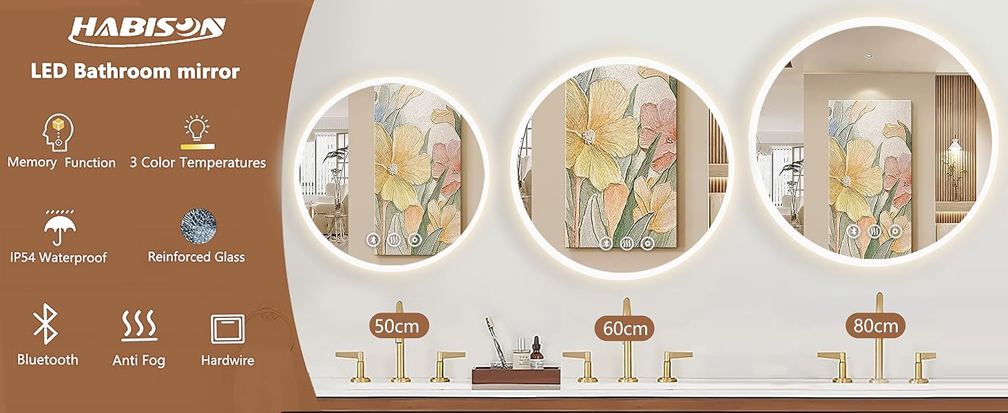 Дзеркало для ванної кімнати Habison з підсвічуванням 70x70 см LED, з годинником, сенсорним вимикачем, регулюванням яскравості, протизапобіжним покриттям, 3-кратним збільшенням, Bluetooth