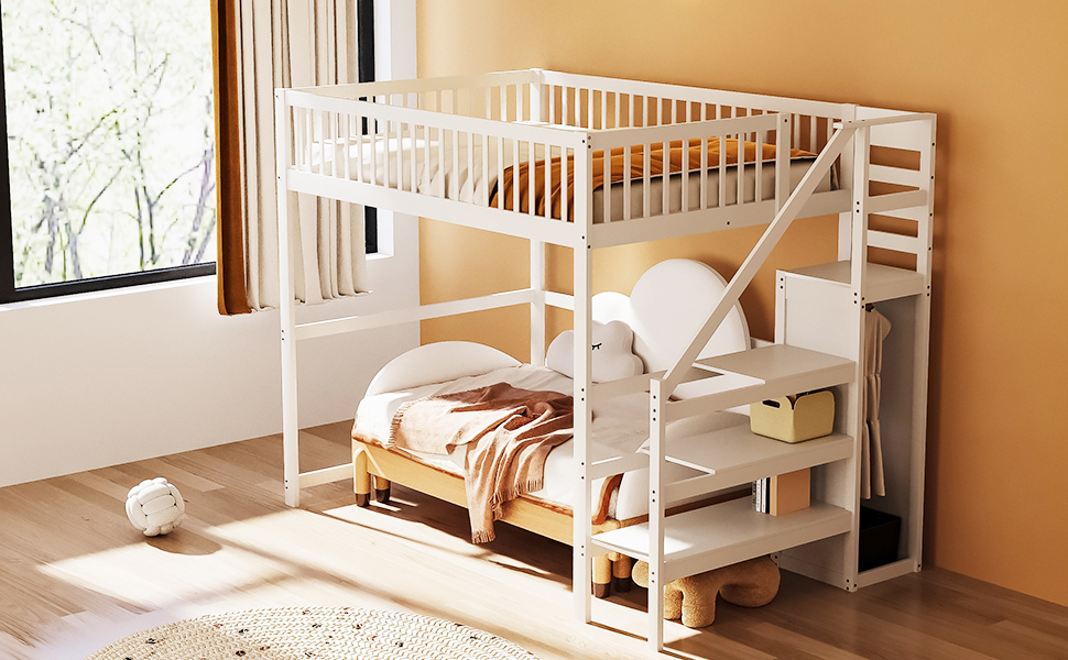 Ліжко-горище Merax для односпального матраца 140x200 см з шафою та сходами, масивне дерево, білий колір (без матраца)