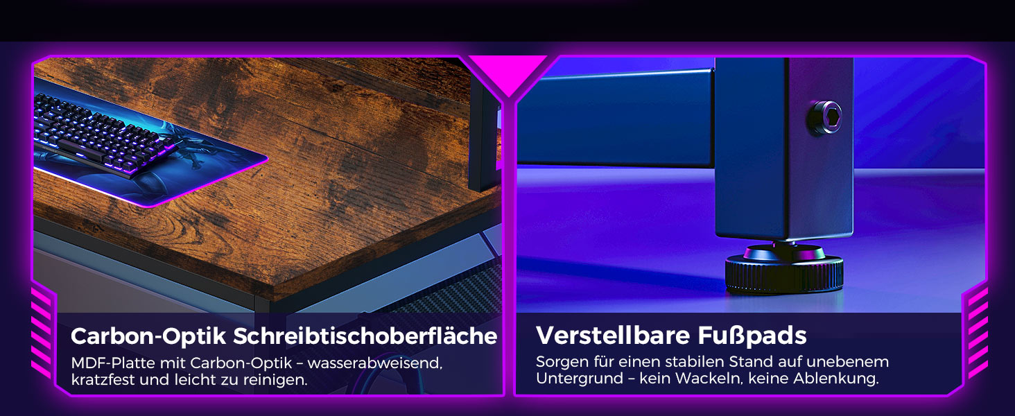 Ігровий стіл Coleshome з полицями та ящиками, 137x48 см. Стіл для геймінгу з LED-підсвічуванням та розеткою, комп'ютерний стіл з місцями для зберігання та підставкою для монітора (Коричневий)