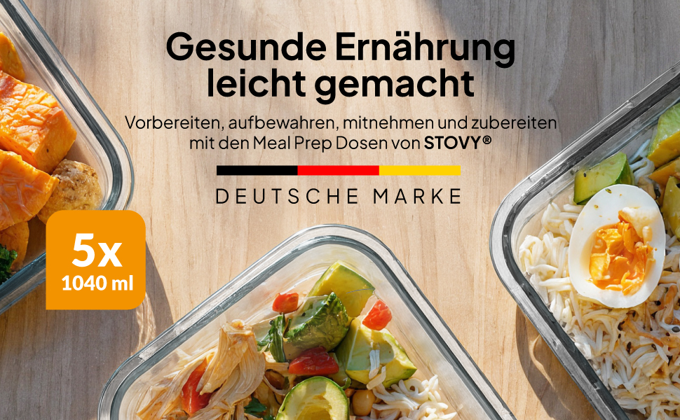 Набір скляних контейнерів для їжі STOVY Meal Prep з кришками, 5 шт по 1040 мл