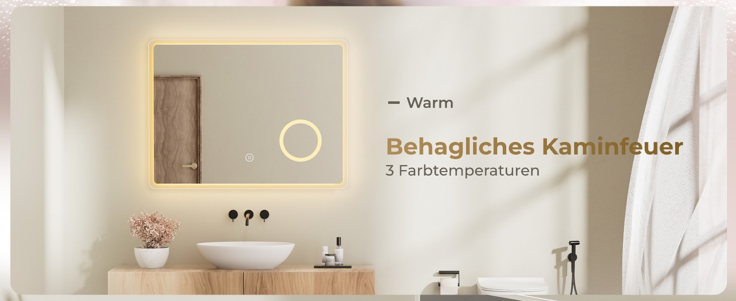 Дзеркало для ванної кімнати з підсвічуванням LED 80x60 см, регульоване, 3 колірні температури (3000K/4000K/6500K), антизапарник, вертикальна/горизонтальна установка, з 3x збільшенням