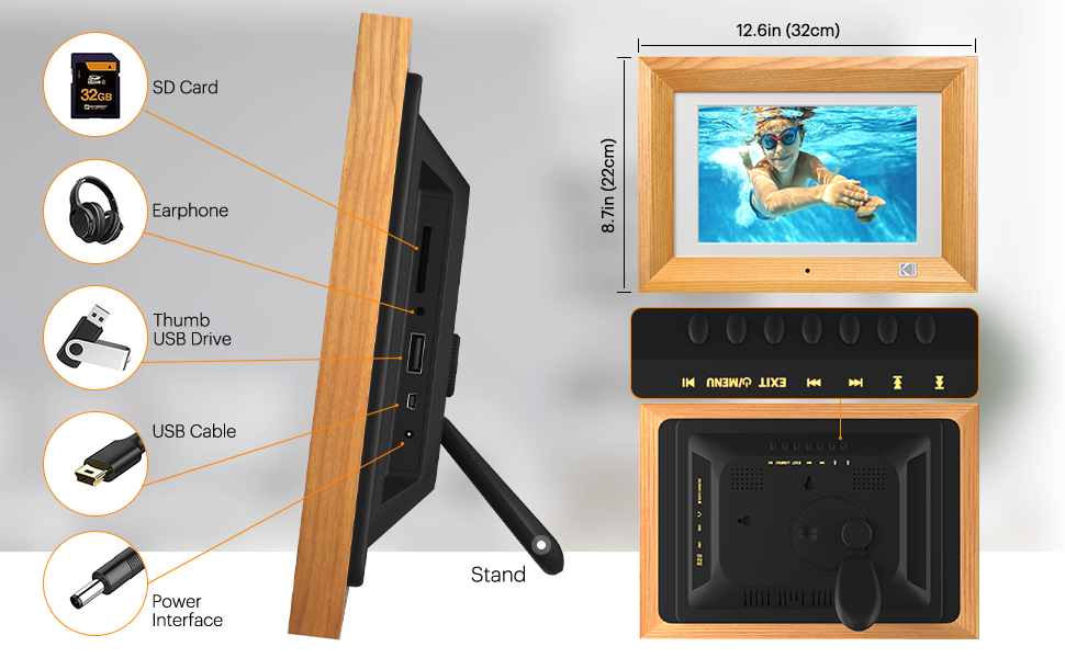 Цифровий фоторамка Kodak 10 дюймів з акумулятором, Wi-Fi, 32 ГБ, сенсорний HD IPS екран, фото/відео/музика, відтворення через додаток, Burlywood