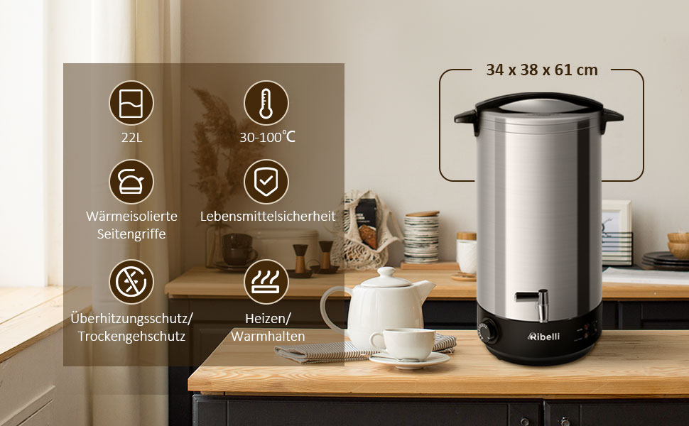 Глювайнер Ribelli 22L з нержавіючої сталі: дозатор гарячих напоїв, регулювання температури 30-100°C, також як пароварка