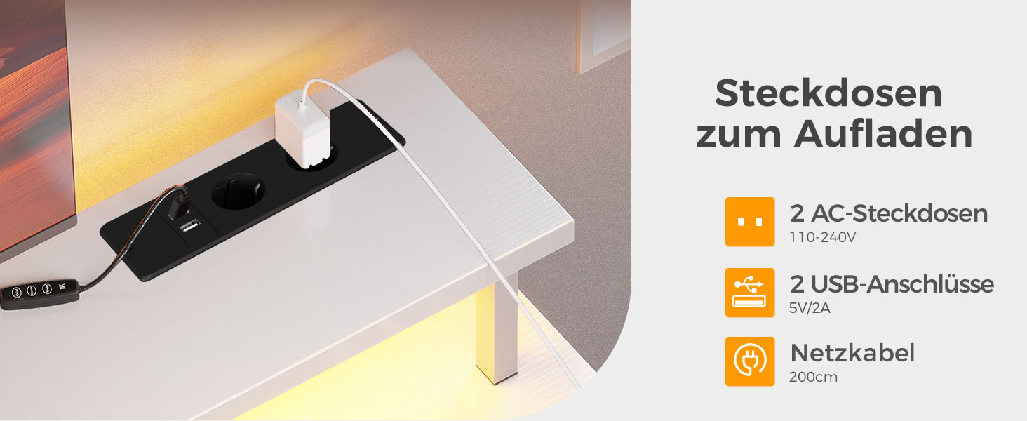 Ігровий стіл Coleshome з LED-підсвічуванням, комп'ютерний стіл з 2 розетками та 2 USB-портами, стіл для геймінгу з підставкою для монітора та місцем для зберігання, для дому та офісу (білий, 120x50 см)