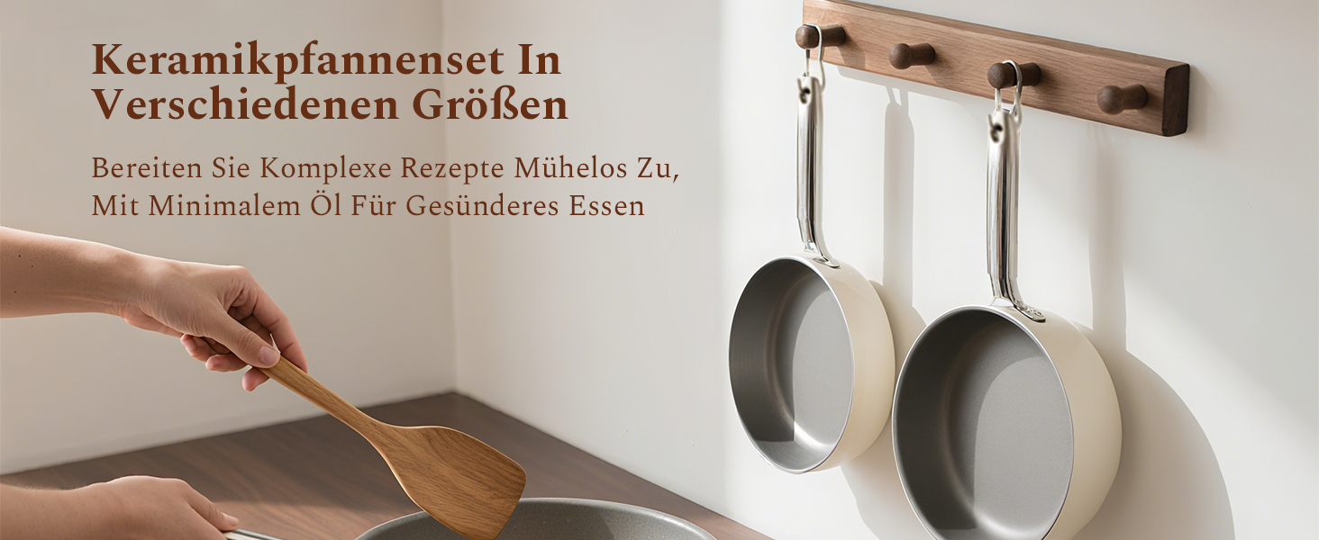 Набір сковорідок Koch Kode: керамічні сковороди 20, 24, 28 см з нержавіючою ручкою, індукційне дно, без PTFE та PFOA, придатні для миття в посудомийній машині та випікання, бежевий колір