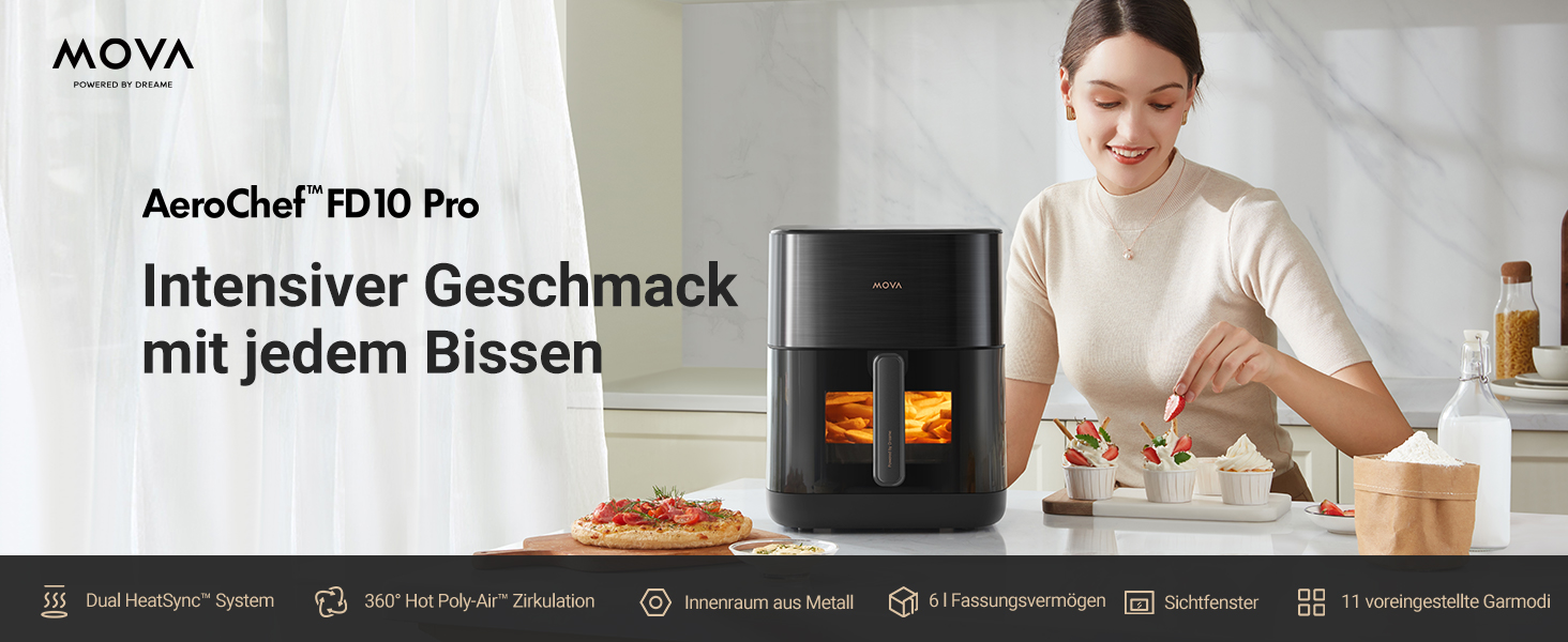 Аерофритюрниця Mova AeroChef FD10 Pro на 6 літрів, безмасляна фритюрниця з конвекцією повітря та металевою чашею