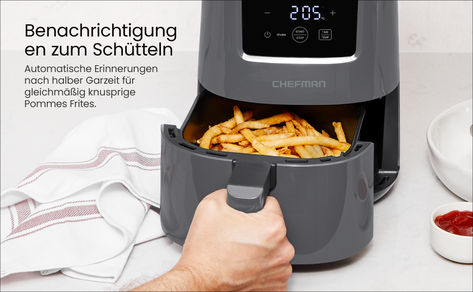 Фритюрниця Chefman 2L з гарячим повітрям - компактна, з антипригарним покриттям, для швидких та простих страв, з цифровим таймером та нагадуванням про струшування - сіра
