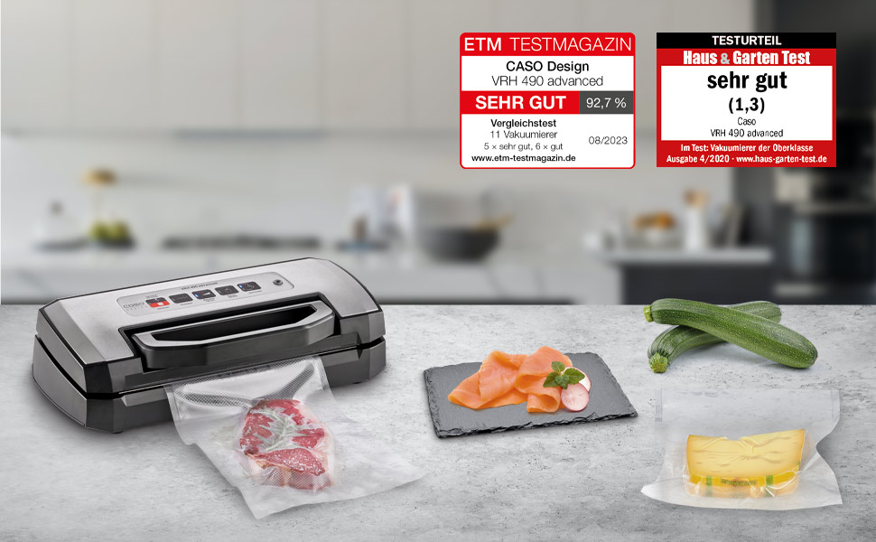 Вакууматор CASO advanced Pro (VRH 490) з функцією CASOTEK Liquid, подвійним швом та набором пакетів, професійний вакуумний пакувальник
