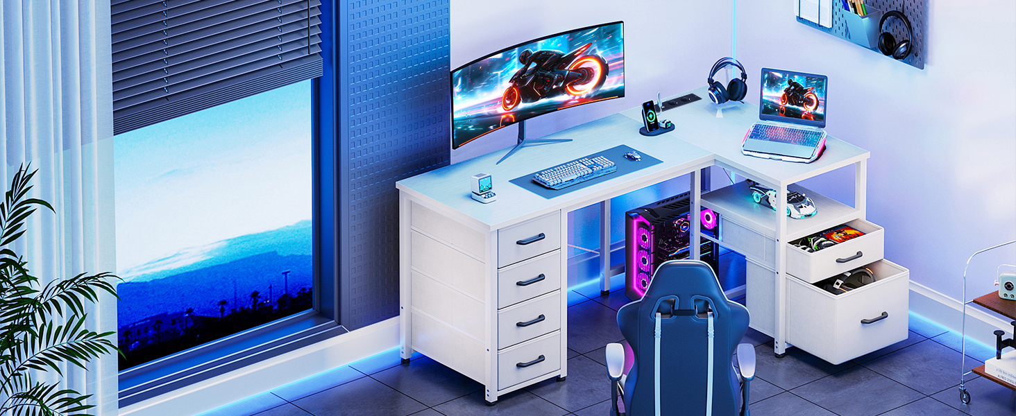 Комп'ютерний стіл Coleshome L-подібної форми з ящиками для документів, USB-роз'ємом та розеткою, для дому та офісу (білий, 140x70 см)