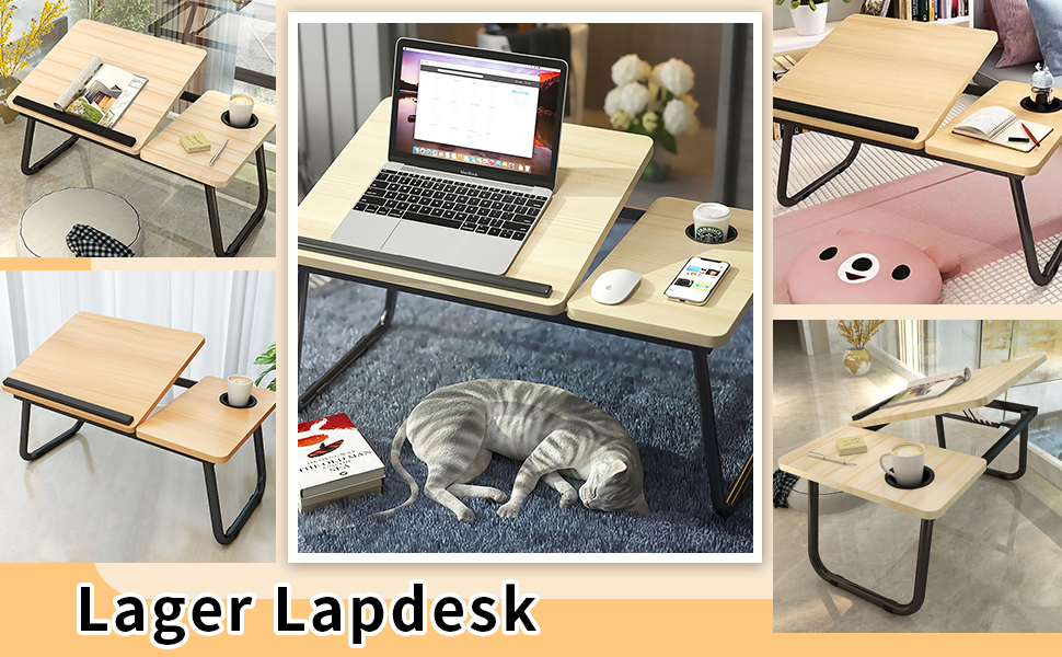 Столик для ноутбука та ліжка з регульованими ніжками та тримачем для чашки, підставка для ноутбука, піднос для сніданку, столик для читання на диван, ліжко, терасу, балкон (Білий, Горіх)