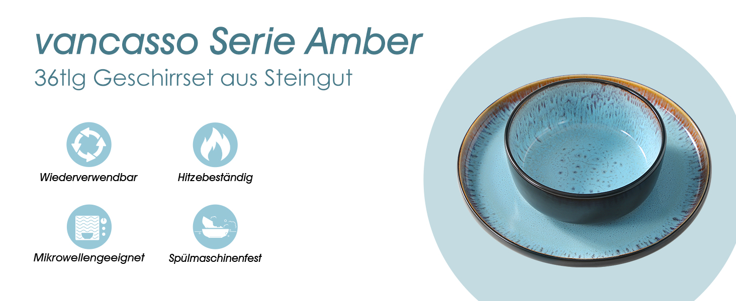 Набір посуду Vancasso AMBER на 12 осіб, 48 предметів: тарілки обідні, десертні, супові, миски - реактивна глазур, для посудомийної машини (блакитний)
