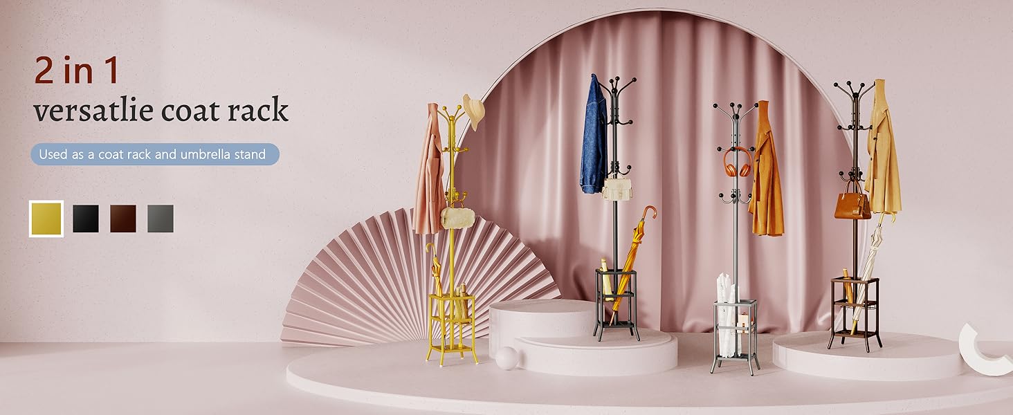 Стійка для одягу FAVOOOSTY з підставкою для парасольки, 12 гачків, для вітальні/спальні, срібло/золото