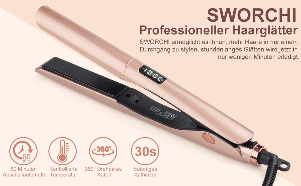 Випрямляч для завивки та випрямлення волосся 2 в 1 SWORCHI Hair Straightener Плойка Керамічний праску для волосся на довге коротке волосся, дорожній випрямляч з РК-дисплеєм, регульована температура 120C-230C рожевий