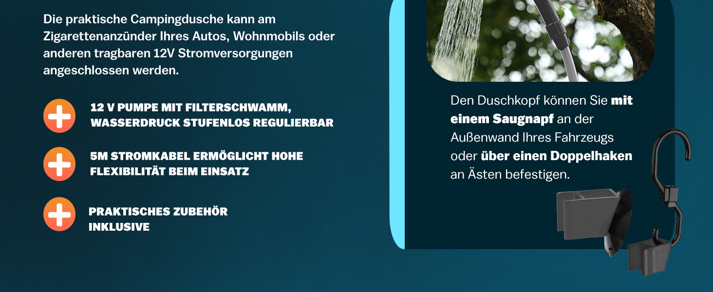 Monzana® Переносна кемпінгова душ з насосом 12V, KFZ-адаптер, сумка для зберігання, 2м шланг, 5м кабель, для авто, собак, саду, антрацит