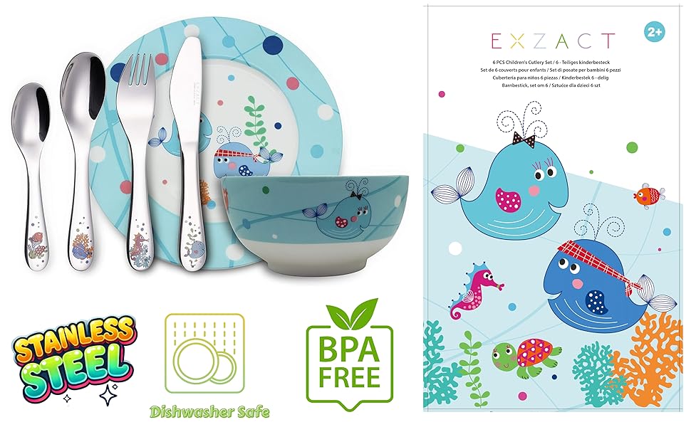 Набір дитячого посуду Exzact з нержавіючої сталі (6 шт.) - миска, тарілка, ніж, виделка, ложка для чаю, столова ложка - подарункова коробка