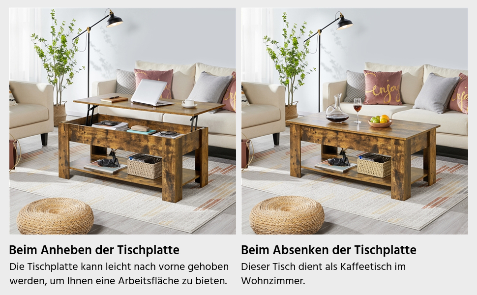 Журнальний столик Yaheetech з регульованою висотою та прихованим місцем для зберігання, колір: іржавий коричневий (120 x 59 x (49,5-63,5) см)