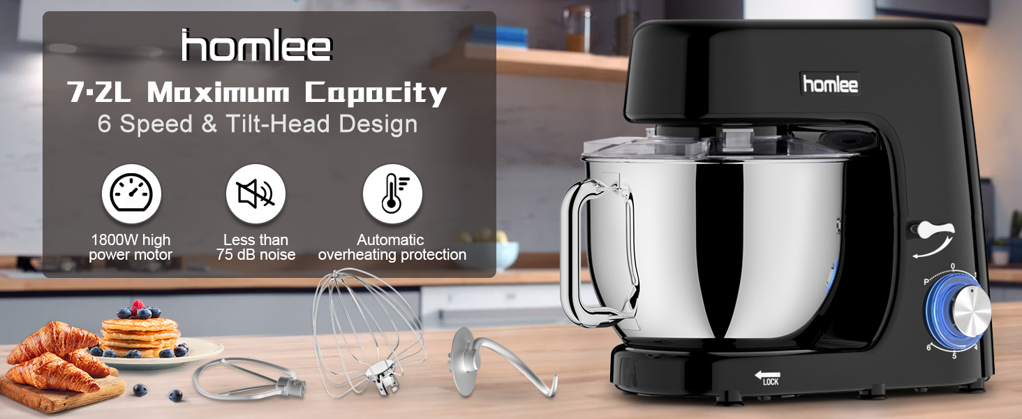 Потужна кухонна машина 1800W з великою чашею 7.2 л з нержавіючої сталі, міксер, насадки для тіста, збивання та взбивання