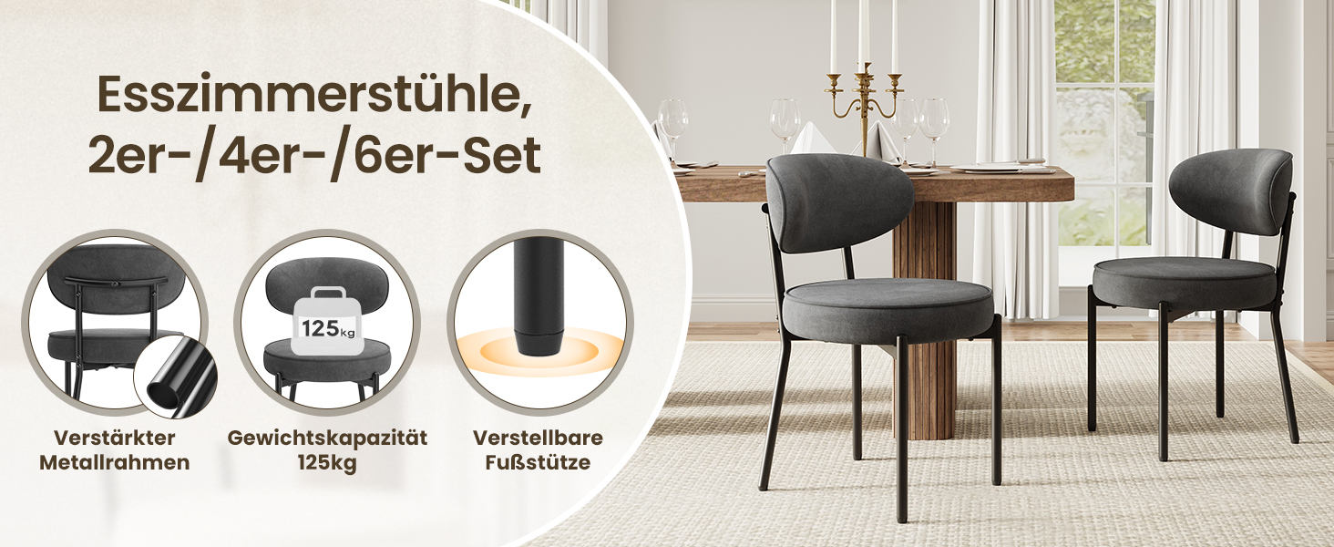 Обідні стільці COLAMY з м'яким сидінням 10 см – Сучасні стільці з плюшевої тканини Teddy, з міцним металевим каркасом – Для кухні та вітальні, Білий (Сірий, 2 шт.)