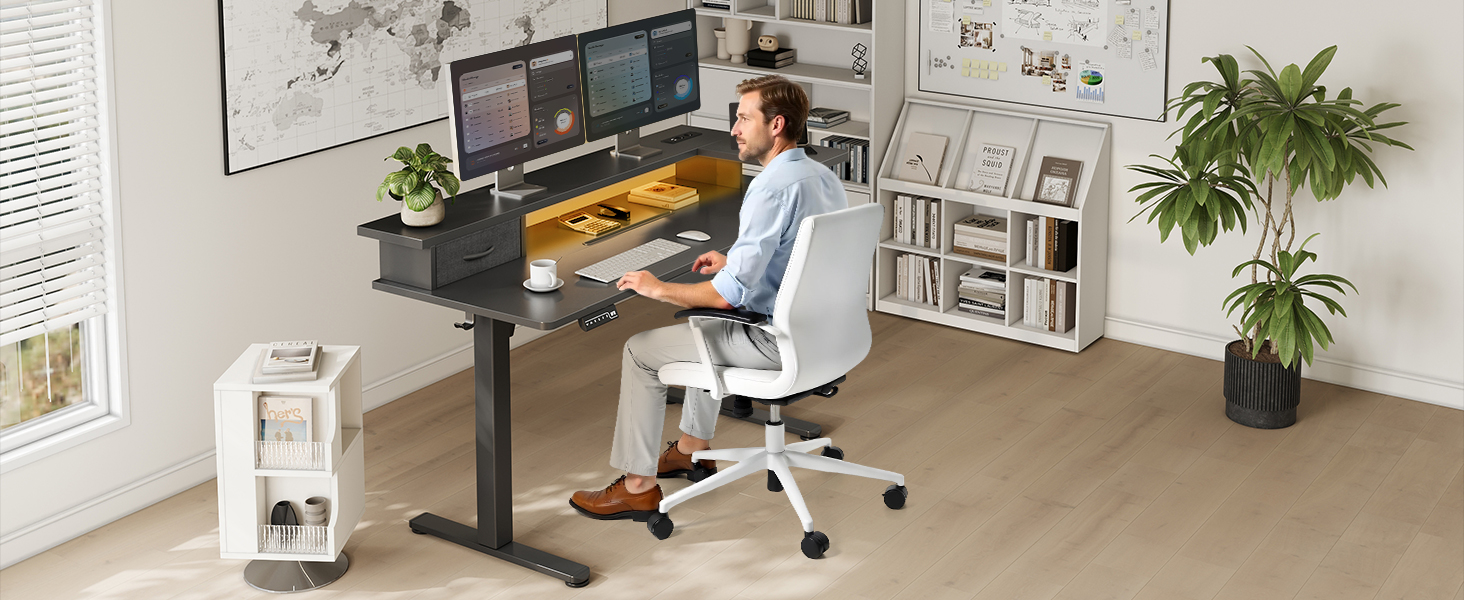 Регульований стіл OffiGo 140x60 см з L-подкоркой, USB-роз'ємом та висувною шухлядою. Чорний колір.