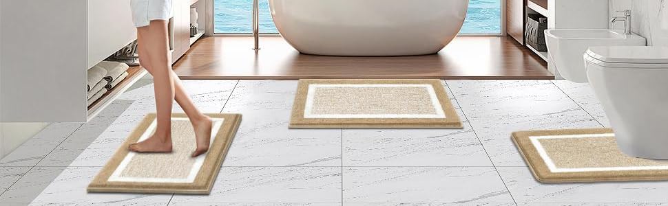 М'який килимок для ванної кімнати Pauwer Set 3 шт., мікрофібра, вбираючий, з антиковзаючим покриттям, комплект килимків для ванної, туалетного килимка та килимка перед ванною (Бежевий, 50x80+50x60 см)