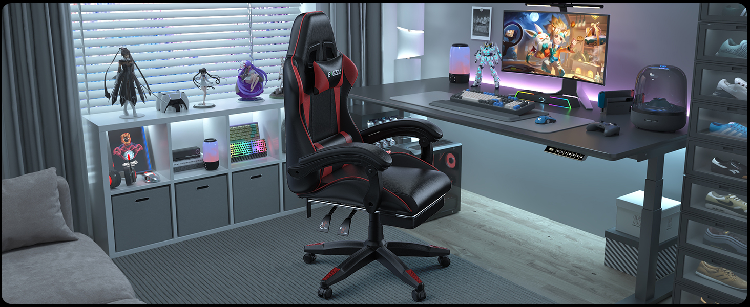 Ігровий крісло Bigzzia з масажем та підставкою для ніг, ергономічне, регульована спинка 90-135°, з подушками для голови та попереку (Червоний)