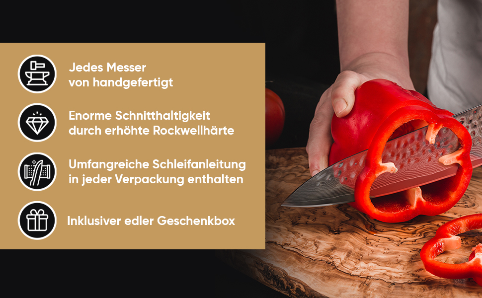 Ніж кухарський Kochstilst® Premium Damast 20 см з подарунковою коробкою. Дамасткова сталь 67 шарів, VG-10, преміум якість, кухонні ножі, з дерев'яною ручкою