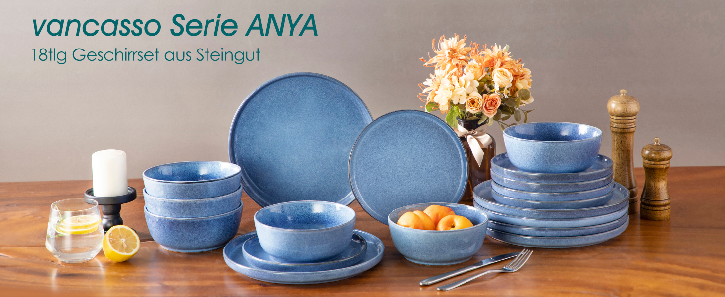 Набір посуду Steingut vancasso ANYA (18 предметів) для 6 осіб, блакитний, сучасний дизайн. Tafelservice з тарілками, десертними тарілками та мисками. Безпечний для миття в посудомийній машині та використання в мікрохвильовій печі.