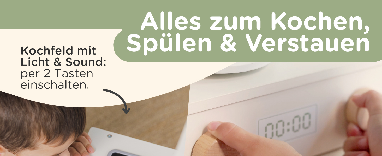 Дерев'яна дитяча кухня Nene Toys – іграшковий кухонний набір з підсвіткою та звуком, мийка, кран, мікрохвильова піч, духовка, полиці, гачки + аксесуари – іграшка Монтессорі від 3 років – подарунок для дівчаток та хлопчиків