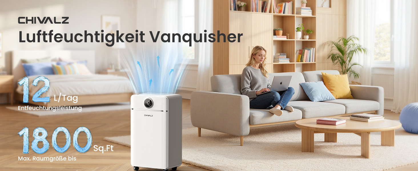 Електричний осушувач повітря CHIVALZ 12л/24г для приміщень до 120м³ (30м²), 3 режими роботи, таймер 24г, автоматична відтавлювання (білий)