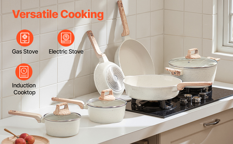 Набір каструль та сковорідок VEVOR з індукційним покриттям (17 предметів) з кришками, антипригарне покриття, для кухні, кемпінгу, приготування соусів та варіння (білий)