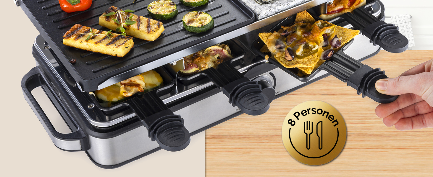 Raclette Gourmetmaxx 2-в-1 з Фондю | Набір раклет для 8 осіб – ідеальний для вечірок | Набір раклет-фондю на 8 осіб з 8 сковородочками, лопатками та виделочками для фондю | Преміум якість