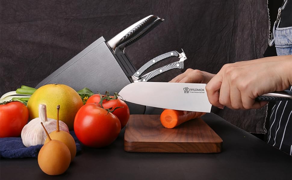 Набір кухонних ножів WILDMOK 6 предметів з блоком. Ультрагострі ножі з нержавіючої сталі з ABS-ручкою. Азіатський набір ножів для кухні