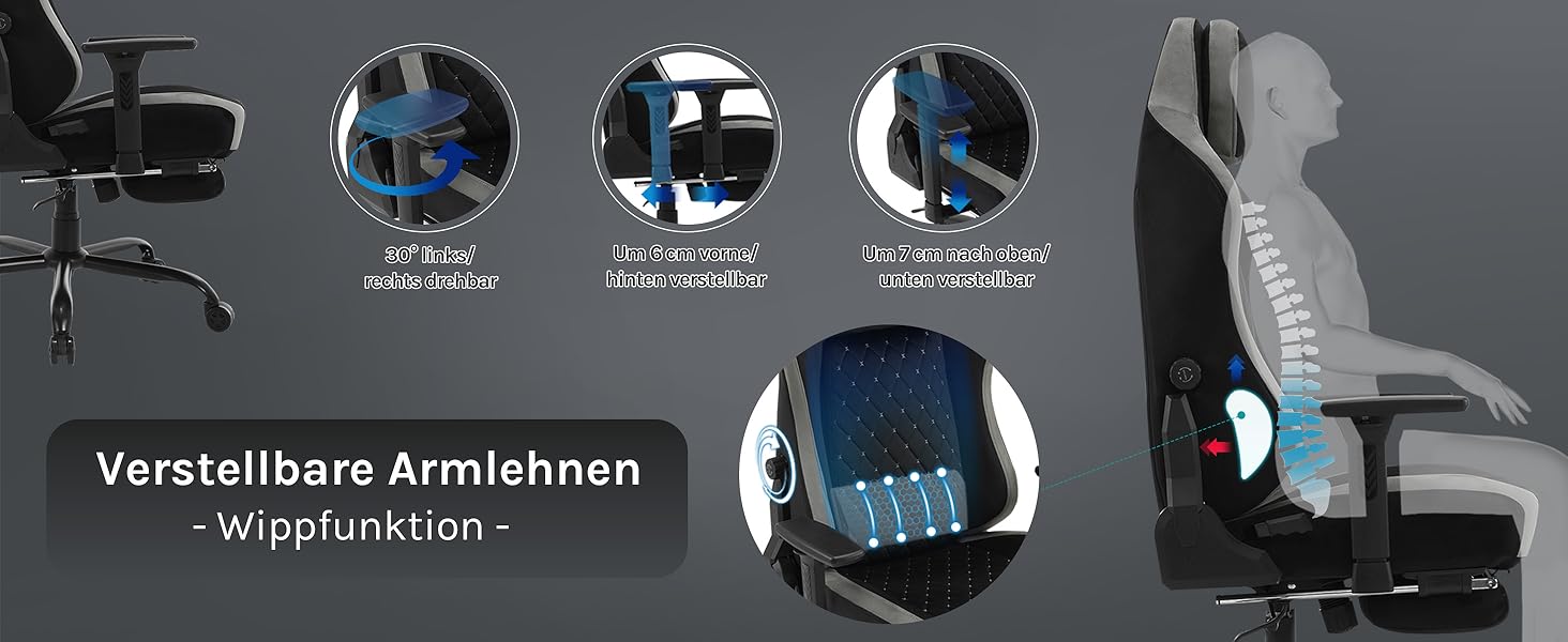 Ігровий крісло WOLTU, офісне крісло ергономічне, з інтегрованим м'яким наповнювачем, адаптивною підтримкою попереку, підніжкою, підлокітниками, оксамитовим покриттям, металевим каркасом, чорний + сірий, GS05szg Чорний+сірий Оксамит