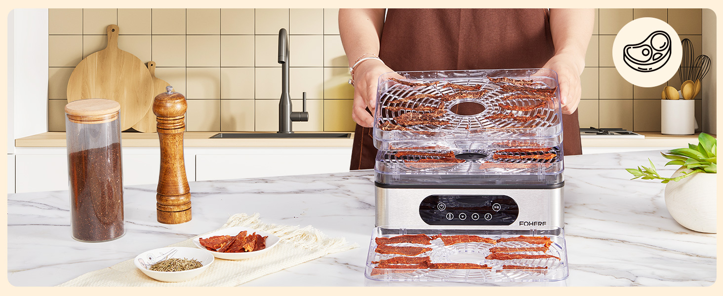 Електрична сушарка для продуктів FOHERE з нержавіючої сталі, 5 ящиків, LED-дисплей, 420W, 35-70°C, таймер 48h, для їжі, грибів, фруктів, м'яса, риби, овочів, без BPA
