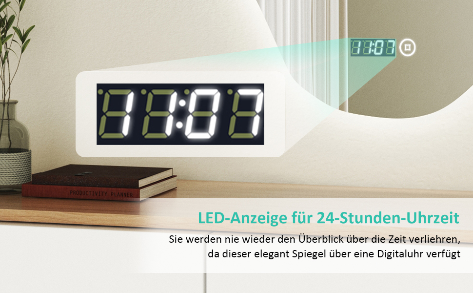 Дзеркало для ванної кімнати з підсвічуванням та годинником Boromal 50x70 см, 3 кольори світла, диммування, LED, сенсорне управління