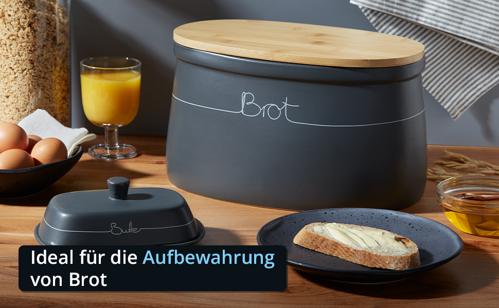 Набір контейнерів для картоплі, цибулі та часнику KHG, 3 шт., кераміка, бамбукові кришки, сірий антрацит, об'єм 3 л та 1,5 л (хлібниця та маслоблок)