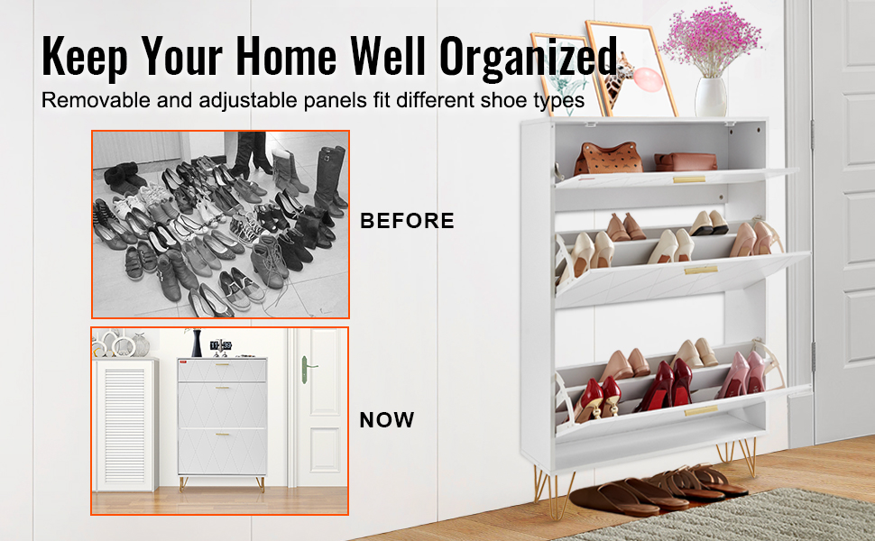 Шафа для взуття VEVOR вузька, дерев'яна, 600 x 168 x 877 мм, з верхньою полицею та 3 відкидними дверцятами, вантажопідйомність 36,28 кг, для прихожого