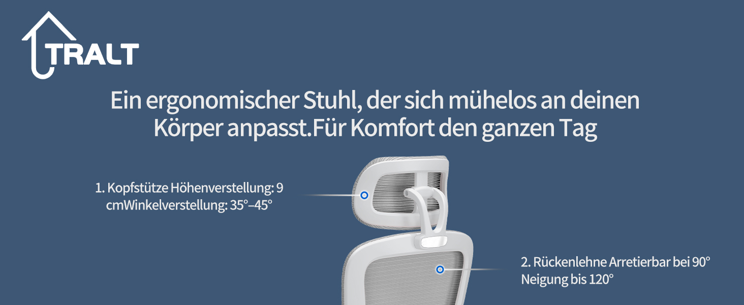 Ергономічне крісло TRALT для офісу з регульованою підтримкою попереку та підголівником. Ігрове крісло, офісне крісло для дому та офісу. Максимальне навантаження 150 кг, сірого кольору.
